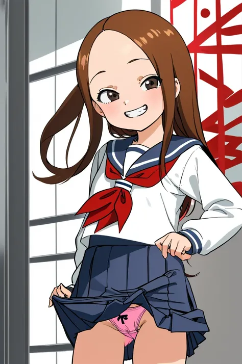 aatakagi, long hair, sailor collar, red neckerchief, sailor shirt, white shirt, long sleeves, miniskirt, blue skirt,socks,grin,(((lift skirt,panties)))