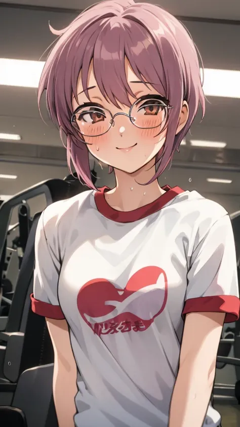 looking at viewer, 1girl, female, solo, blush, sweating, smile, ny1, glasses, ,gym shirts,buruma