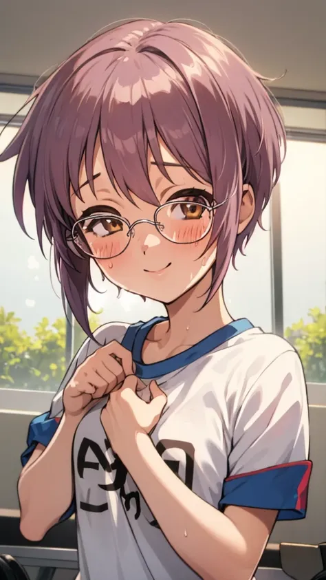 looking at viewer, 1girl, female, solo, blush, sweating, smile, ny1, glasses, ,gym shirts,buruma