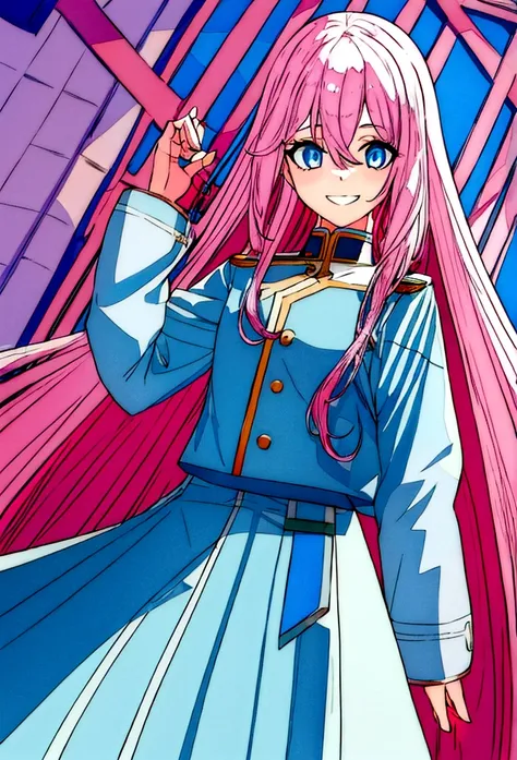 a girl with long, light pink hair with light blue tips, light blue eyes, schoolar uniform, hand on the waist, Grinning 