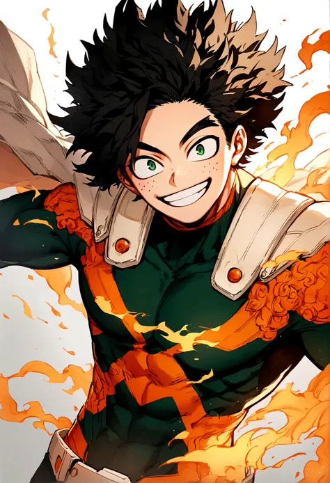 My hero academia, boy with curly black hair and green eyes, freckles, smiling