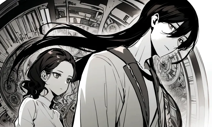 black and white drawing, giant clockwork background, 2 human, 26 year old male 1, black neat hair, a lonely face, wearing gray tracksuit, beautiful woman 1, wearing a white dress