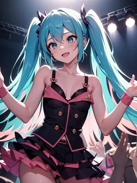 (best quality, vibrant lights), miku sings into the microphone on stage with passionate fans. she is dressed in a beautiful dres...