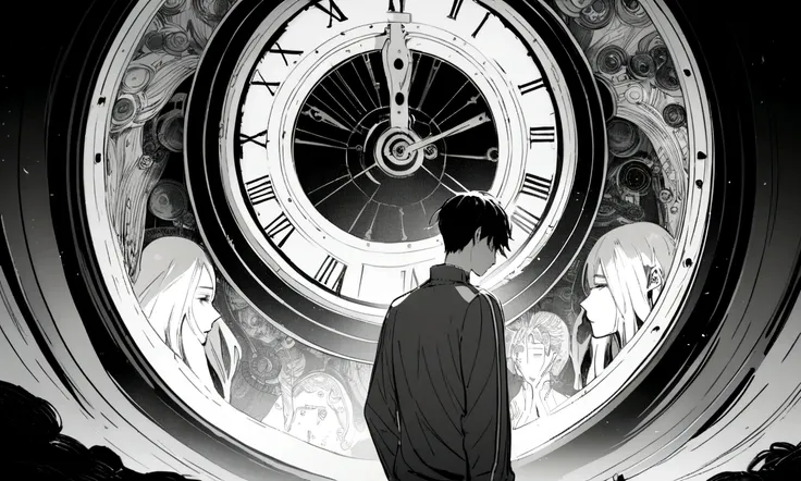 black and white drawing, giant clockwork background, 2 human, 26 year old male 1, black neat hair, a lonely face, wearing gray tracksuit, beautiful woman 1, wearing a white dress