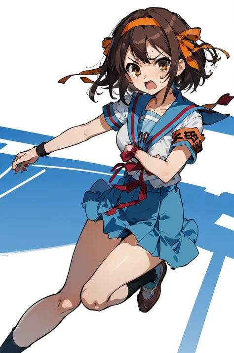 masterpiece, best quality, highres, 1girl, suzumiya haruhi, solo, kita high , blue sailor collar,  sailor collar, blue skirt, brown hair, short hair, brown eyes, armband, hairband, medium hair, ribbon, socks, big breasts, angry,sweating,