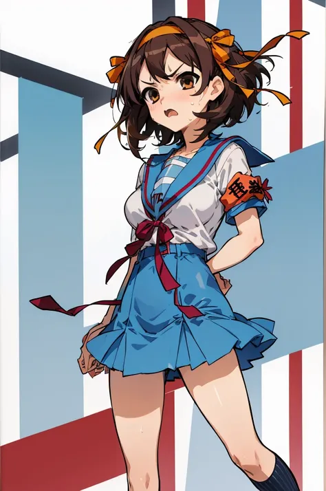 masterpiece, best quality, highres, 1girl, suzumiya haruhi, solo, kita high , blue sailor collar,  sailor collar, blue skirt, brown hair, short hair, brown eyes, armband, hairband, medium hair, ribbon, socks, big breasts, angry,sweating,