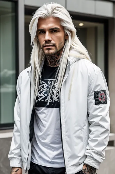 a man with long white mullet hair wearing a white jacket covered in tattoos