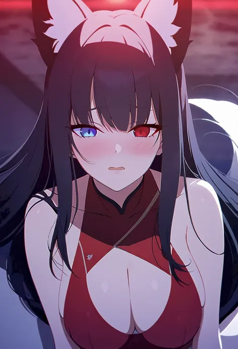 a beautiful blue and black kitsune, detailed intricate portrait, 1girl, long black hair, slim waist, big breasts, long white tail, heterochromia (one blue eye, one red eye), wearing a red one piece sexy swimsuit, blushing, dramatic lighting, 