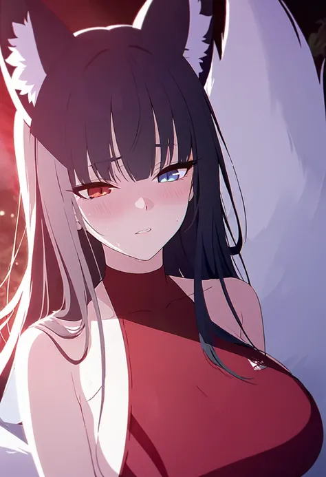 a beautiful blue and black kitsune, detailed intricate portrait, 1girl, long black hair, slim waist, big breasts, long white tail, heterochromia (one blue eye, one red eye), wearing a red one piece sexy swimsuit, blushing, dramatic lighting, 