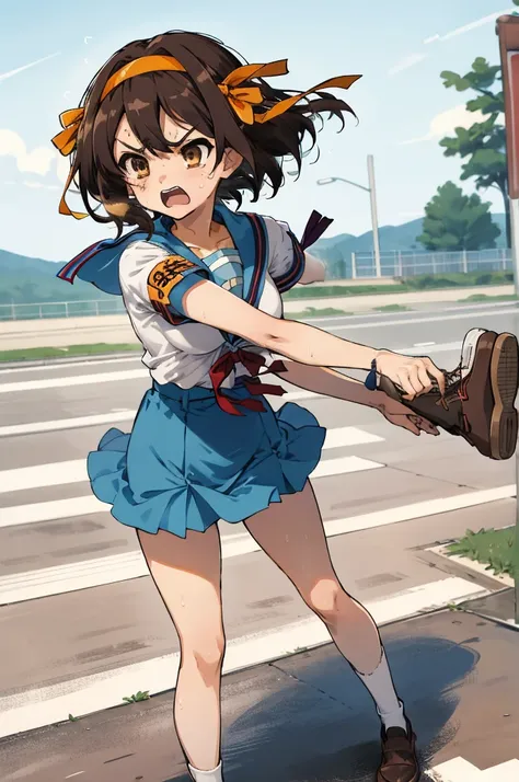  1girl, suzumiya haruhi, solo, kita high , blue sailor collar,  sailor collar, blue skirt, brown hair, short hair, brown eyes, armband, hairband, medium hair, ribbon, socks, huge breasts, angry,sweating,outdoor