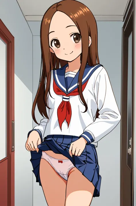 aatakagi, long hair, sailor collar, red neckerchief, sailor shirt, white shirt, long sleeves, miniskirt, blue skirt,socks,smile,(((lift skirt,white panties))),my room