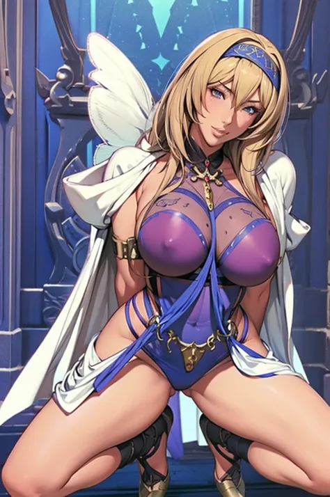 Wearing a sexy fantasy armor, In this scene、highly contrast, Showcase high-quality artwork, （extremely detailed eye）with  the（very detail hair), Focus on the body, The legs and arms outstretched at the back of the head are emphasized, pure、Squatting postur...