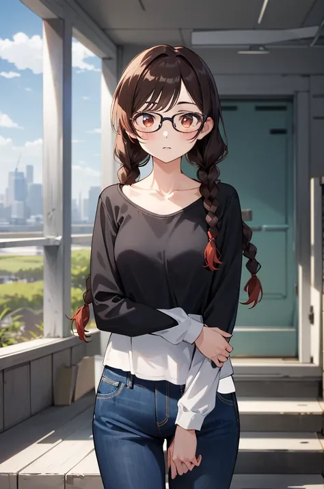 masterpiece, best quality, highres, aachizuru, long hair, twin braids, twintails, glasses, collarbone, black shirt, long sleeves, pants, jeans, standing, cowboy shot, outdoors, building, arms at sides,