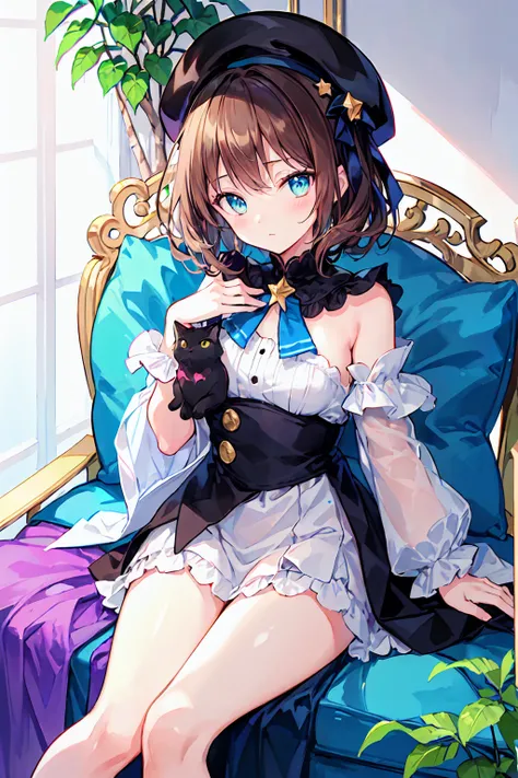 Drawn in a cartoon style with soft pastel tones. in the center, a young female character wears a large decorative beret and sits on a cozy-looking cushion. The character wears frilly clothing., race, ribbon, Her outfit is detailed. This character is、 (Shou...