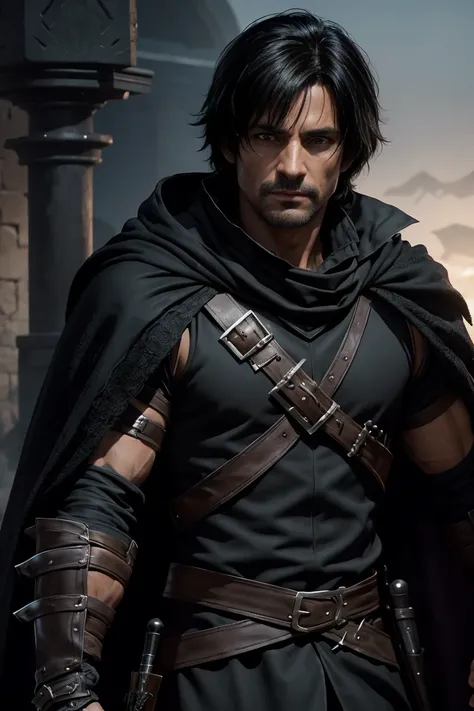 one male rogue, over 40 years old, light rogue black fantasy armor, assassin, 8k, good looking. swashbuckler, character portrait, facing front, high fantasy setting. black cloak, scoundrel face. Clean-shaven, shaggy black hair, shaggy short black mohawk