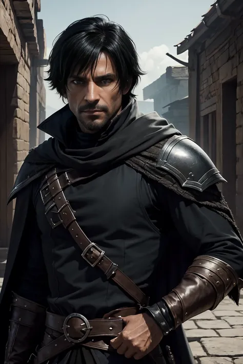 one male rogue, over 40 years old, light rogue black fantasy armor, assassin, 8k, good looking. swashbuckler, character portrait, facing front, high fantasy setting. black cloak, scoundrel face. Clean-shaven, shaggy black hair, shaggy short black mohawk