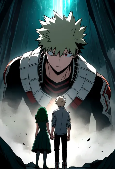 Screenshot of boku no hero academia , beautiful girl.with strong green hair. blue eyes .and he is next to bakugo katsuki , He is ash blonde , with red eyes and he is declaring his love for her, full shot