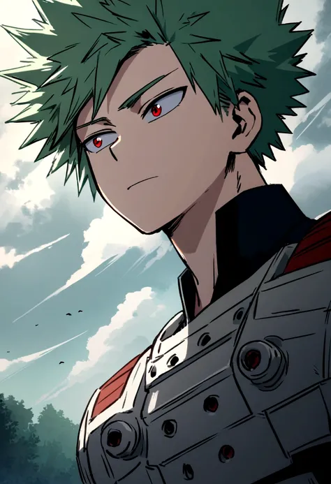 Screenshot of boku no hero academia , beautiful girl.with strong green hair. blue eyes .and he is next to bakugo katsuki , He is ash blonde , with red eyes and he is declaring his love for her, full shot