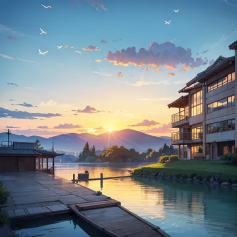 a tourist district with few concrete house  is on top of a light-elevation terrain with beautiful sunset is on one side of the big lake with light blue water and the big lakes water volume has recently decreased so there is a part of land without any build...