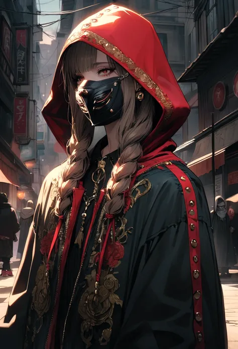 a rapper with locks and a mask of a oni and a sweet hood 