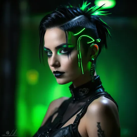 photo portrait de face dune femme vêtue de vêtements noirs ouverts de femdom, yeux vert clair, coiffure audacieuse, haut court, culotte, Metal Jewelry, posture dynamique, beau corps, silhouette mince, Attractive cyberpunk dark fantasy, Sensuel, dark styled...