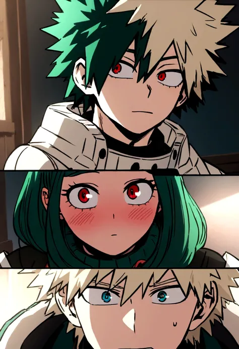 Screenshot of boku no hero academia , beautiful girl.with strong green hair. blue eyes .and he is next to bakugo katsuki , He is ash blonde , with red eyes and he is declaring his love for her, bakugo is very blushing 