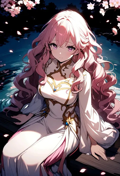 An extremely beautiful anime girl with pink wavy hair wearing an exquisite dress sitting under a cherry blossom with a pond below