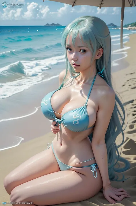 a cartoon picture of a woman in a bikini sitting on a beach, an anime drawing by Kentaro Miura, pixiv, process art, sfw version, | fine detail anime, deviantart artstation cgscosiety, oppai, breasts covered and sfw, official fanart behance hd, at the beach...