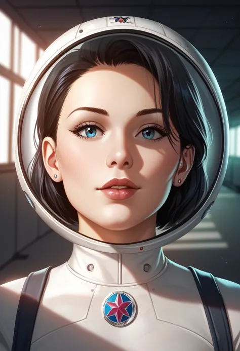 timeless style,  masterpiece, best quality, 8k, artstation, sharp focus, ultrarealistic, high details, raw photo portrait of beautiful girl, wearing a tight  all white space suit standing in the hallway of a spaceship, (retro bubble space helmet), perfect ...