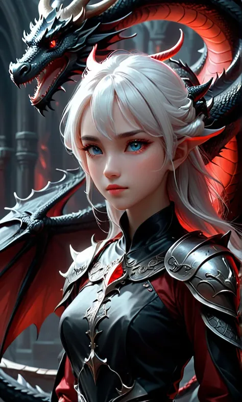 Female, fantasy, art, black, White, Red, Dragon, by Yang J, dark fantasy style art, Epic fantasy art style, 2. 5 D CGI anime fantasy artwork, Fantasy art style, Fanart Meilleure ArtStation, Epic fantasy art style HD, 4K fantasy art