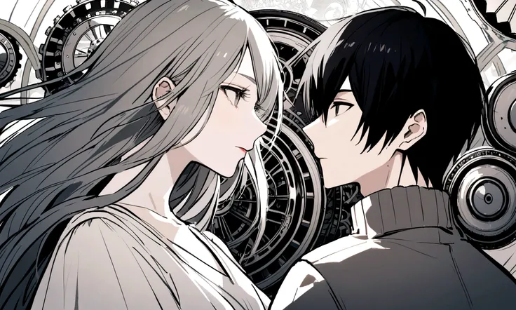 black and white drawing, giant clockwork background, 2 human, 26 year old male 1, black neat hair, a lonely face, wearing gray tracksuit, beautiful woman 1, wearing a white dress, reaching out to each other