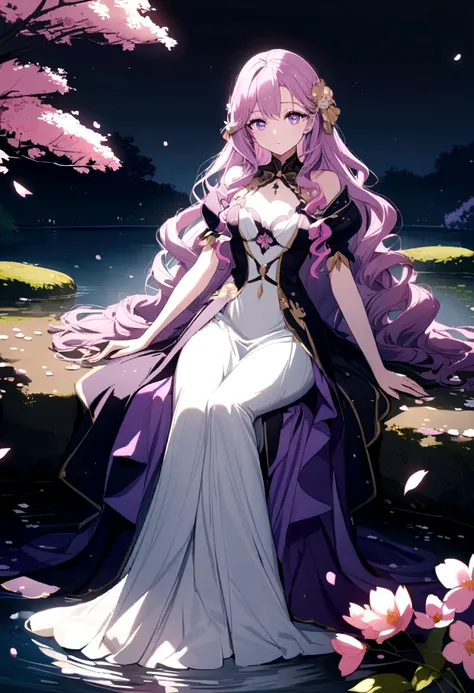 An extremely beautiful anime girl with purple wavy hair with pink tips wearing an exquisite dress sitting under a cherry blossom with a pond below