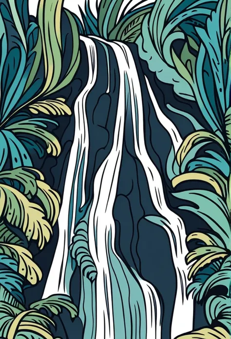 /imagine prompt: waterfall illustration for banner on white background, bold outline style, irregular, trashcore, light shading