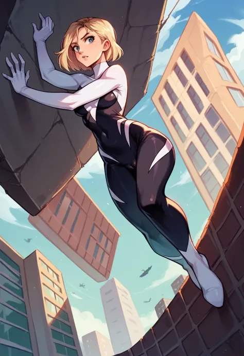 Gwen stacy from spider man hanging off a wall, blonde, white spider suit, tight suit, cameltoe, building, climbing, 