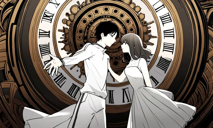 black and white drawing, giant clockwork background, 26-year-old male on the left 1, black neat hair, a lonely face, wearing gray tracksuit, Beautiful woman on the right 1, wearing a white dress, reaching out to each other