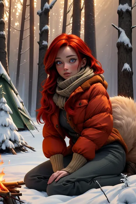 a beautiful girl with a cute pet fox, red hair, european, in a winter forest, warm fur clothes, (perffect eyes), fully clothed, sitting nest to a camp fire, uhd, high contrast, deep shadows, unreal engine, 8k, bright and vivid colors, (intense lighting: 1....