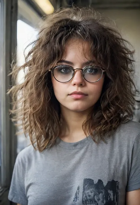 photo portrait of a young chubby brown-eyed russian girl wearing glasses with lenses, corneal reflections, detailed human skin t...