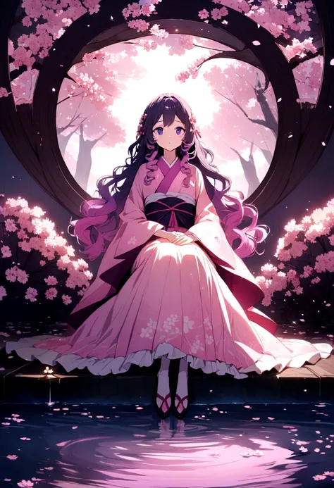 An extremely beautiful anime girl with purple wavy hair with pink tips wearing a detailed pink kimono sitting under a cherry blossom with a pond below