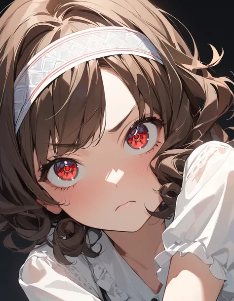 1girl, {masterpiece,best quality,ultra-detailed,beautiful detailed eyes}, {dark brown hair, short hair, flipped hair, curly hair, headband with large ribbon, parted bangs}, Gradient eyes from black to red, cute girl, 17 years old, simple background,white b...