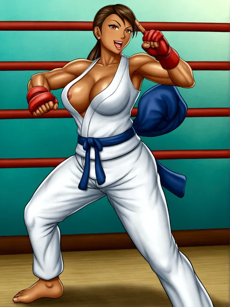 Beautiful woman、 ((Open Finger Gloves, Five Fingers)), (((Women&#39;s Mixed Martial Arts, Martial Arts)))、Fighter、Professional wrestler、Brown Skin、Rin々Funny face、Fighting Pose、One Woman、Pro Wrestling Love