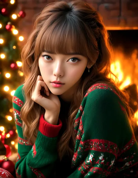 a beautiful young woman ((KPop Lisa) Lalisa Manobal, age 25), nude, her intimate areas fully exposed and very detailed, (seductive poses and gestures) by an old-fashioned fireplace with a roaring fire, Christmas scene (best quality, 4k, 8k, highres, master...