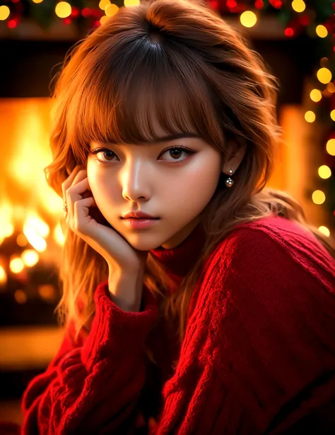 a beautiful young woman ((KPop Lisa) Lalisa Manobal, age 25), nude, her intimate areas fully exposed and very detailed, (seductive poses and gestures) by an old-fashioned fireplace with a roaring fire, Christmas scene (best quality, 4k, 8k, highres, master...