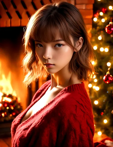 a beautiful young woman ((KPop Lisa) Lalisa Manobal, age 25), nude, her intimate areas fully exposed and very detailed, (seductive poses and gestures) by an old-fashioned fireplace with a roaring fire, Christmas scene (best quality, 4k, 8k, highres, master...