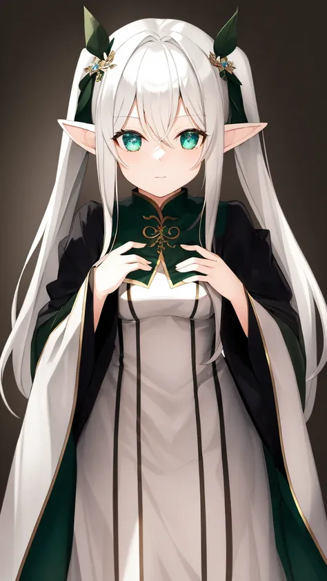 Highest quality:1.2)、1 Girl、Elf、Are standing、chest、High twin tails、Frielen、Fantasy、(landscape:0.5)、White Robe、White Hair、Green Eyes