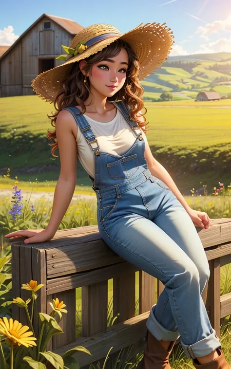 (quaint countryside setting, summer day), young adult woman, rustic casual summer fashion, (sitting on a wooden fence), thoughtful and serene pose, shoulder-length curly hair, light, sun-kissed makeup, (denim overalls over a simple white t-shirt), comforta...