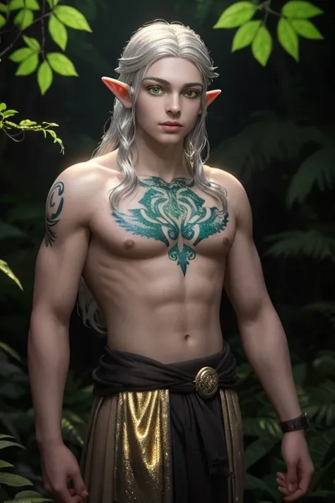 Masterpiece "Arya" the light-skinned elf with a golden hue and long, straight silver hair, trains in a glowing forest. His green eyes watch intently, and his bioluminescent vine-shaped tattoo on his left arm glows softly. The scene has vibrant, bioluminesc...