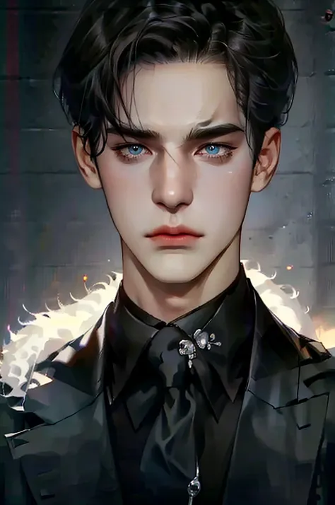 a dark-haired young man with long raven hair, piercing blue eyes, wearing a dark outfit, shirt, detailed portrait, cinematic lighting, dramatic mood, high quality, photorealistic, 8k, detailed skin texture, chiaroscuro, moody, atmospheric, dramatic lightin...