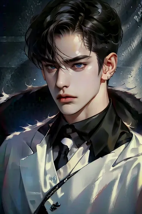 a dark-haired young man with long raven hair, piercing blue eyes, wearing a dark outfit, shirt, detailed portrait, cinematic lighting, dramatic mood, high quality, photorealistic, 8k, detailed skin texture, chiaroscuro, moody, atmospheric, dramatic lightin...