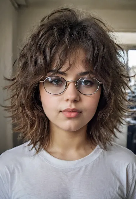 photo portrait of a young chubby brown-eyed russian girl wearing glasses with lenses, corneal reflections, beautiful proportiona...