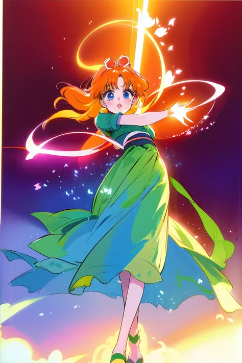 Yotsuba nakano, green ribbon, dancing in the moonlight, dynamic pose, moonlight background, full body, dancing girl, pretty flowing dress, wind, sweet dreamy face, (Old anime, vintage anime, 90s anime style, naoko takeuchi style, masterpiece、top-quality, O...